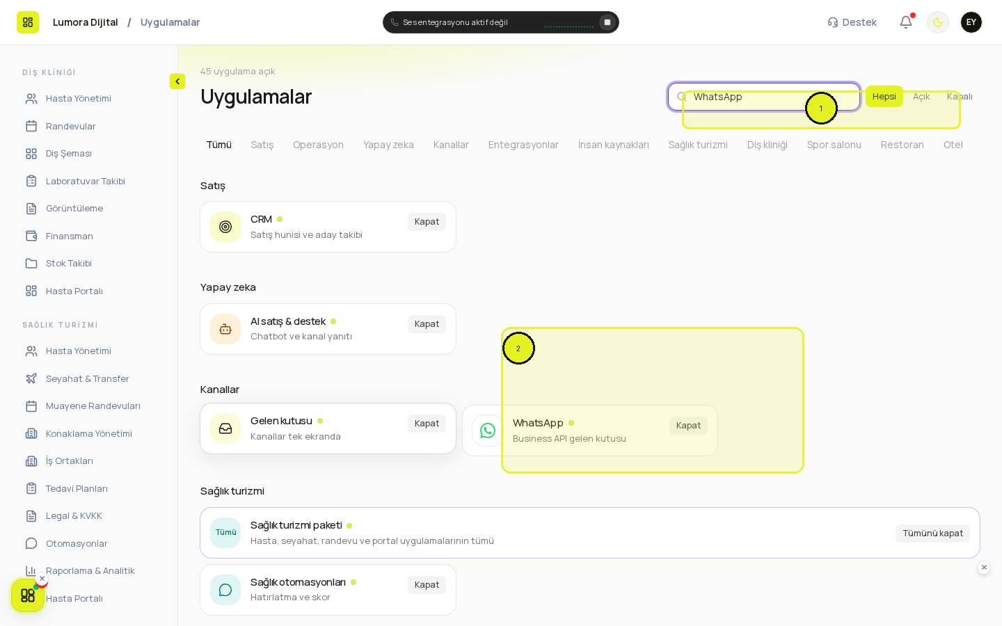 Uygulamalar sayfasında WhatsApp araması