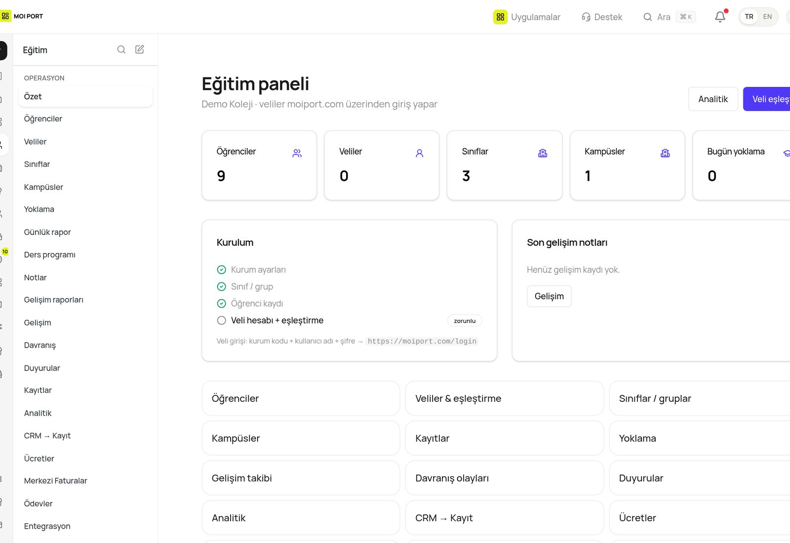 Eğitim paneli genel bakış (demo verisi)