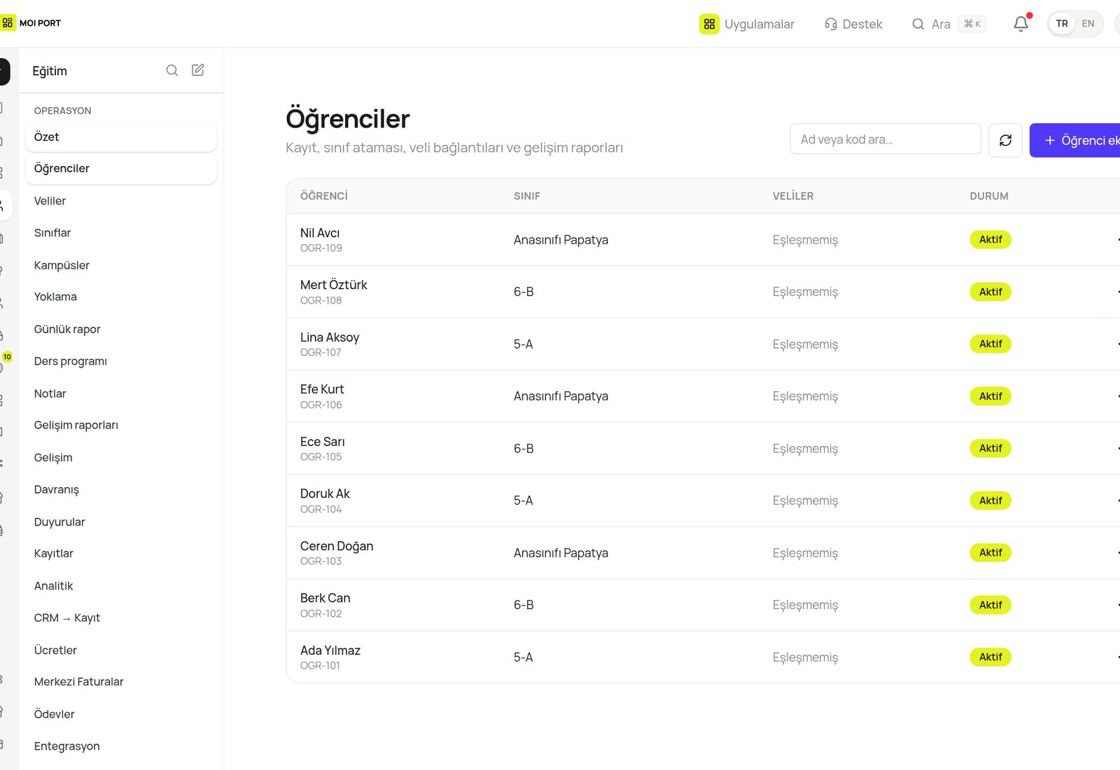 Öğrenci listesi (demo verisi)