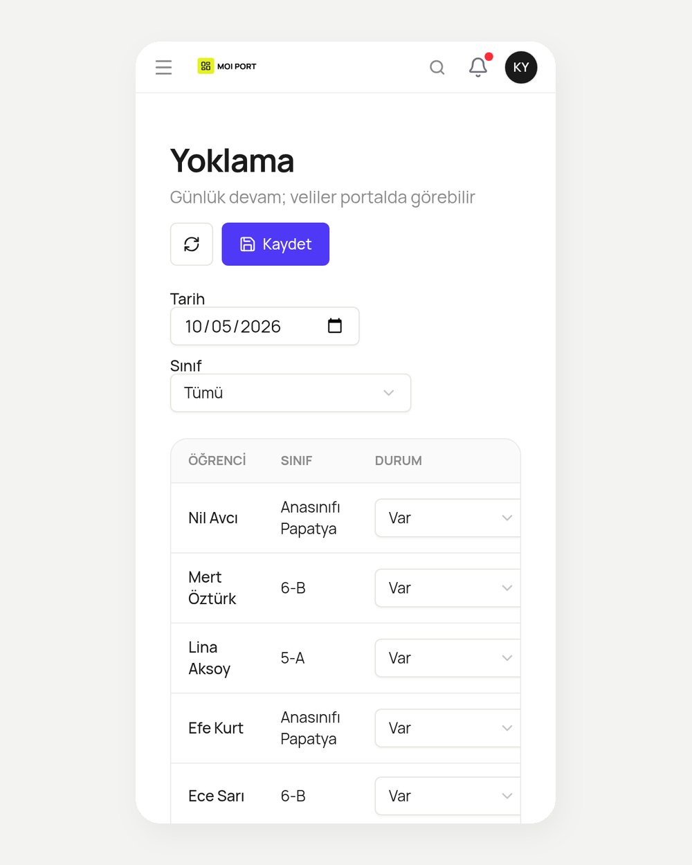 Mobil yoklama ekranı (demo verisi)