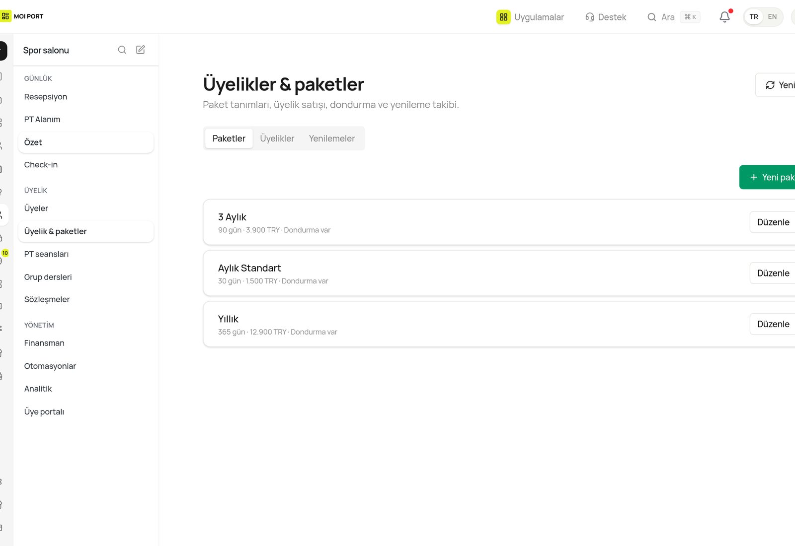 Üyelik listesi ve bitiş tarihleri (demo veri)