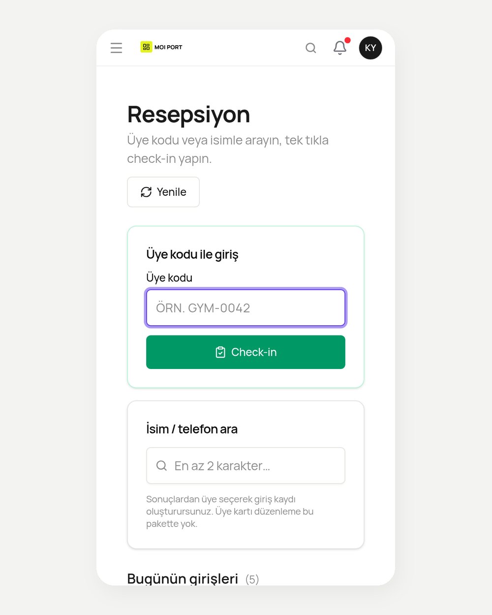 Telefonda resepsiyon check-in ekranı (demo veri)