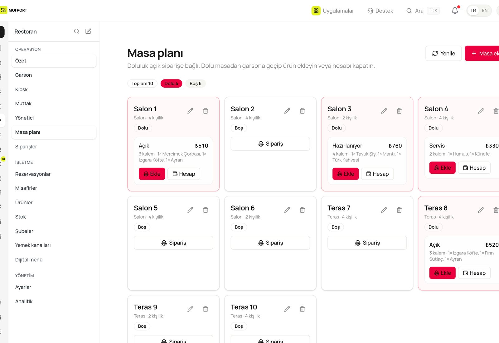 Masa planı, doluluk ve açık adisyonlar (demo veri)