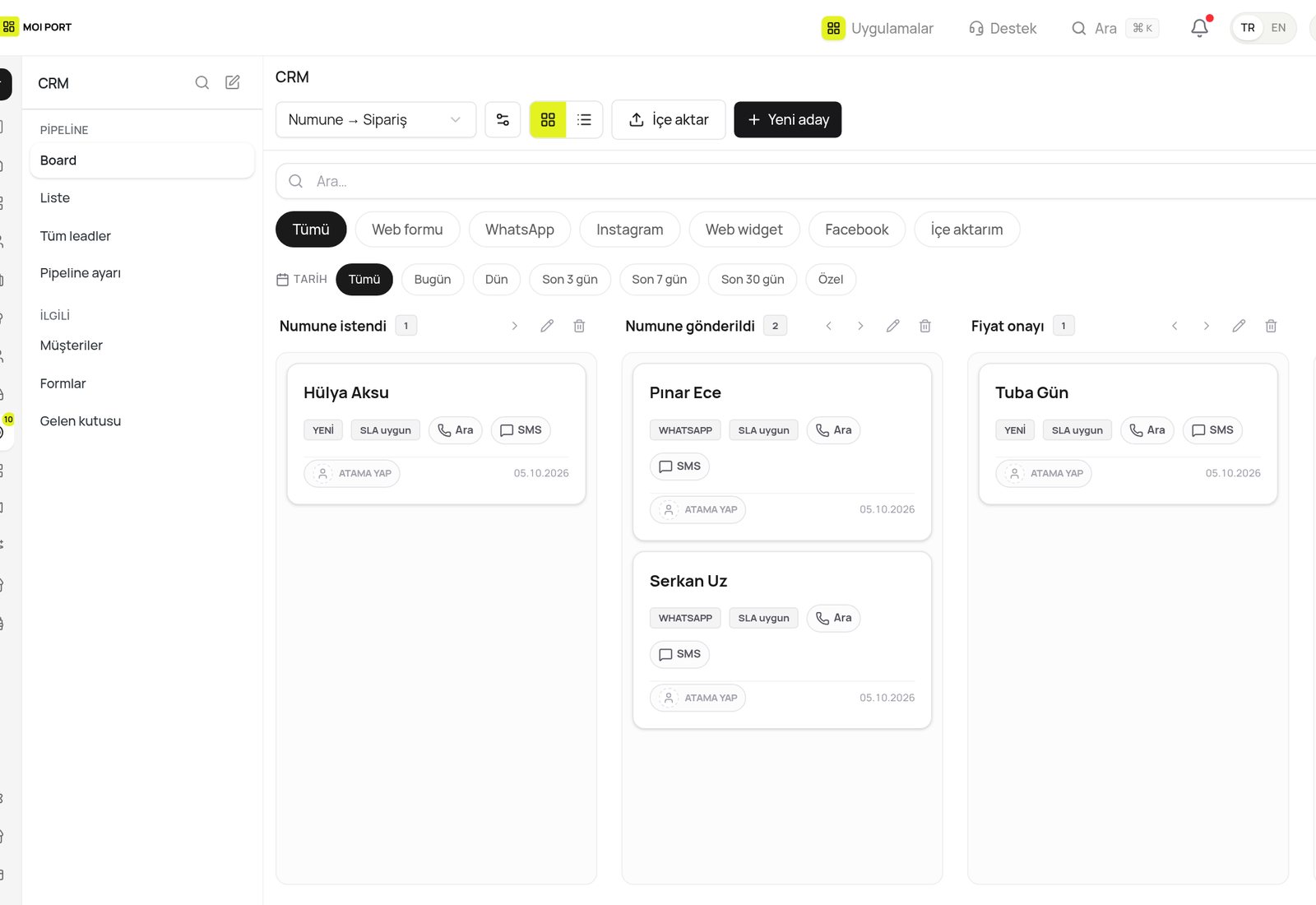 Numune → Sipariş satış aşamaları panosu (demo verisi)